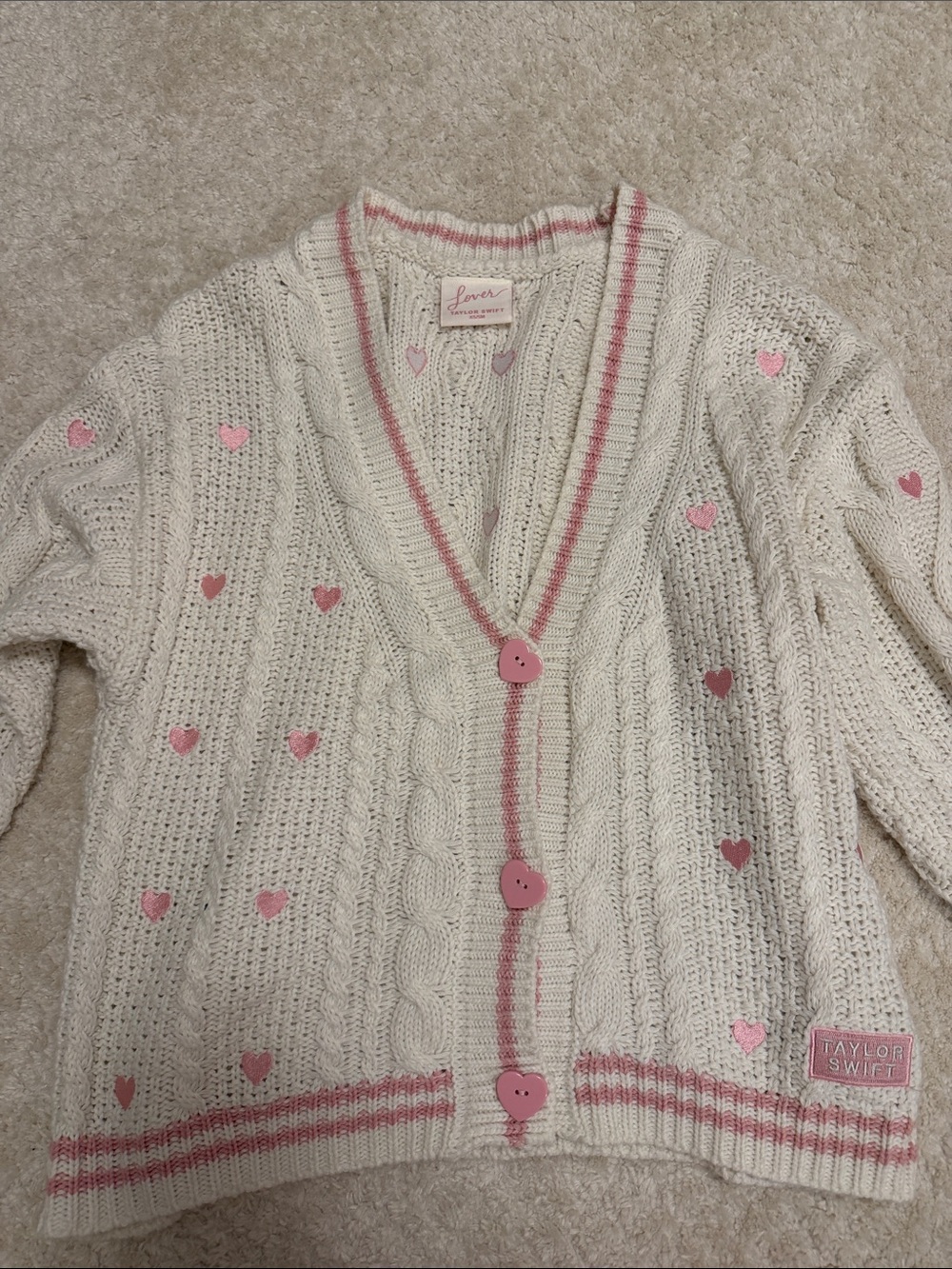 Taylor Swift Cream Cardigan with Pink Heart Buttons & Trim